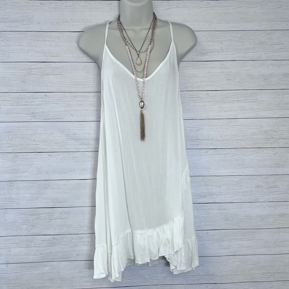 Boutique Brand Ruffled Trim Tattoo Mesh Back Slip Dress Cover Up Off White 💗